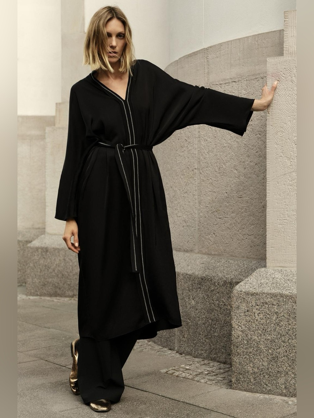 Zara ZW Collection Black Contrast Topstitch Belted Midi Dress M NWT